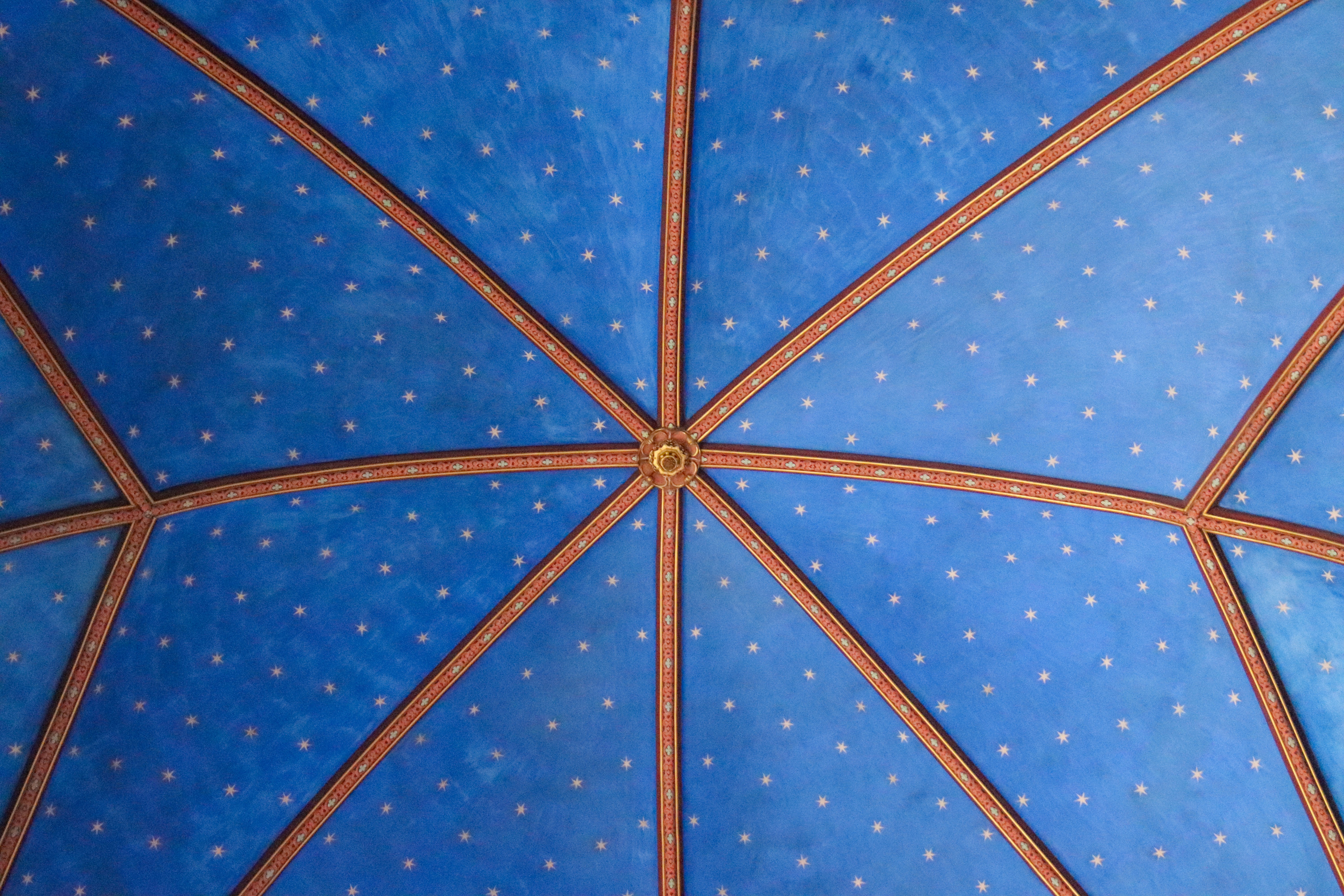 a close up of a blue umbrella with stars on it