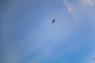 A paraglider is visible in the sky, soaring amidst a few scattered clouds. The sky is predominantly clear, with a few birds flying nearby.