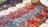 A vibrant display of assorted fruit tarts on a bright background.