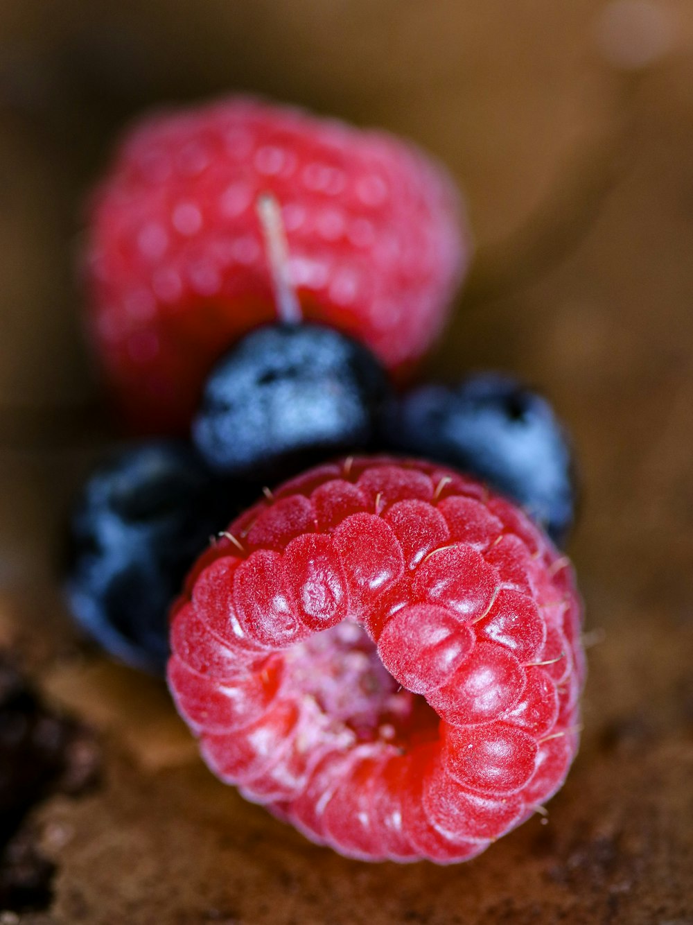 macro photography of raspberry and blueberries