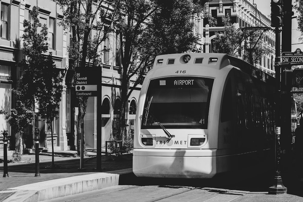 grayscale photography of train