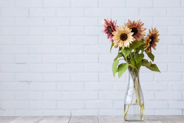 Bright sunlit bouquet of sunflowers arranged elegantly on a wooden table.