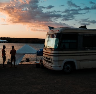 white bus near ocean