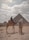 A desert scene with two camels carrying riders, set against the backdrop of pyramids on a cloudy day. The camels are adorned with patterned blankets and the riders wear traditional attire.