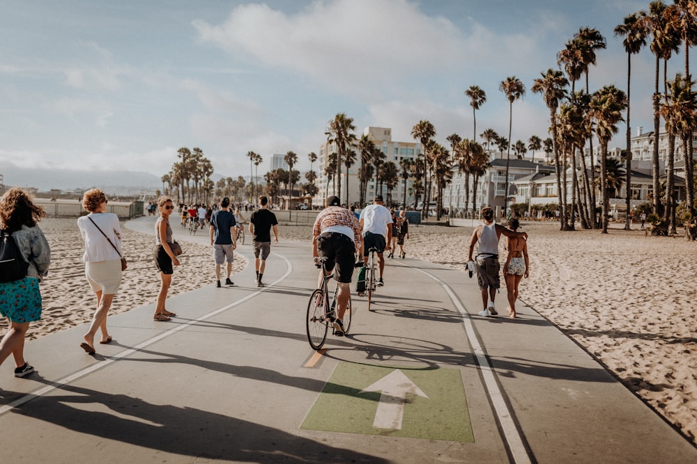 people walking and cycling near trees