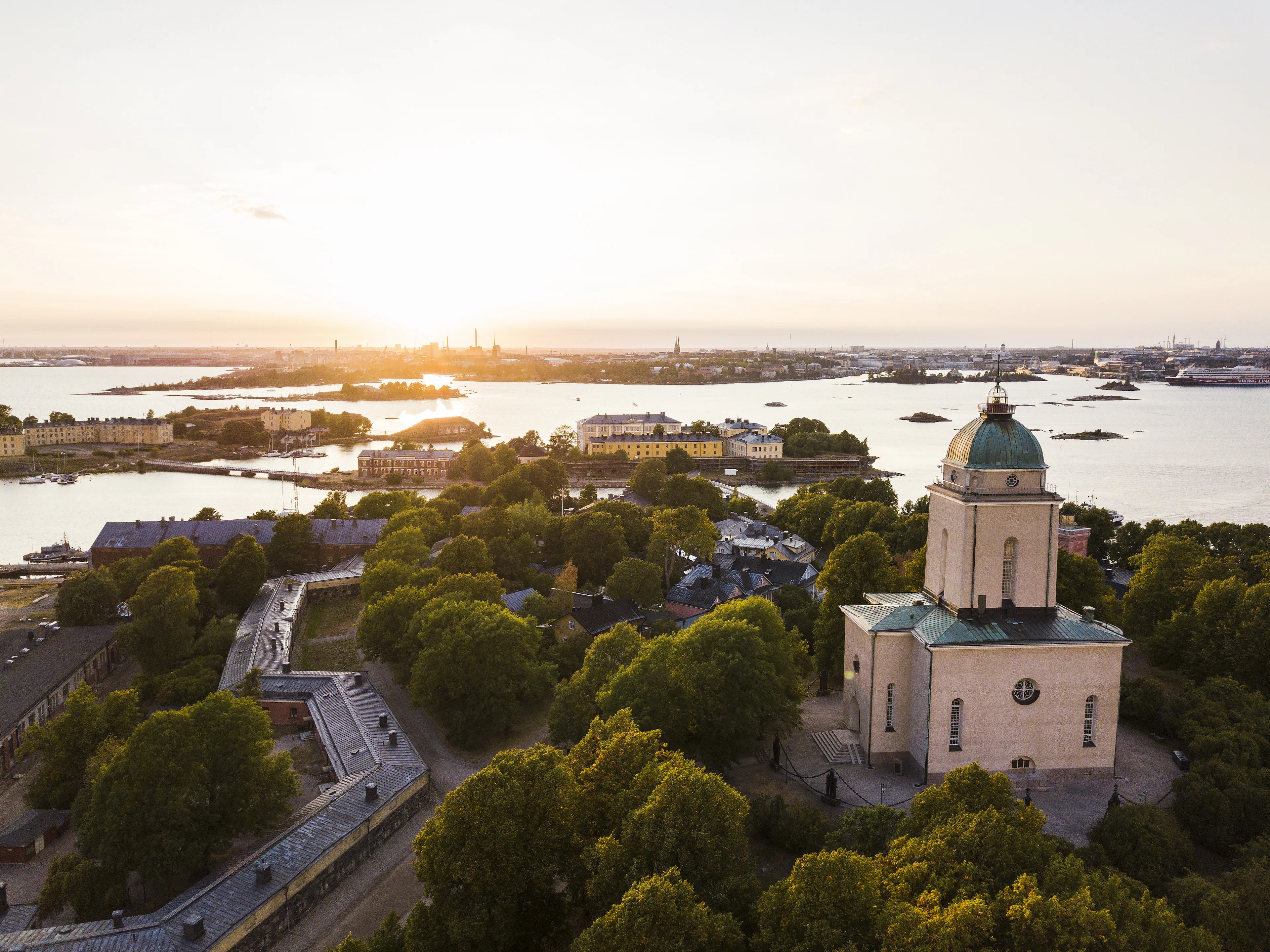 Suomenlinna sea fortress and its church in summer evening light, Helsinki