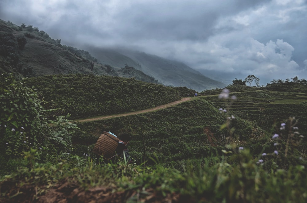 man carrying basket with mountain view