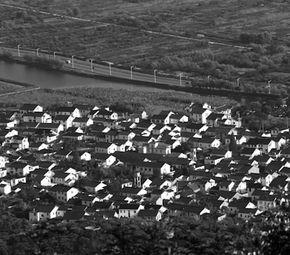 A densely packed village with numerous white houses featuring dark roofs, nestled closely together. Surrounding the village, there are lush trees and a river flowing nearby. In the background, agricultural fields and a road can be seen, suggesting a rural setting.