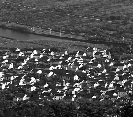 A densely packed village with numerous white houses featuring dark roofs, nestled closely together. Surrounding the village, there are lush trees and a river flowing nearby. In the background, agricultural fields and a road can be seen, suggesting a rural setting.
