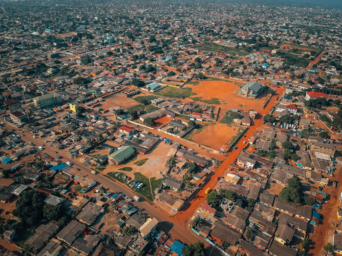 An aerial view of the city