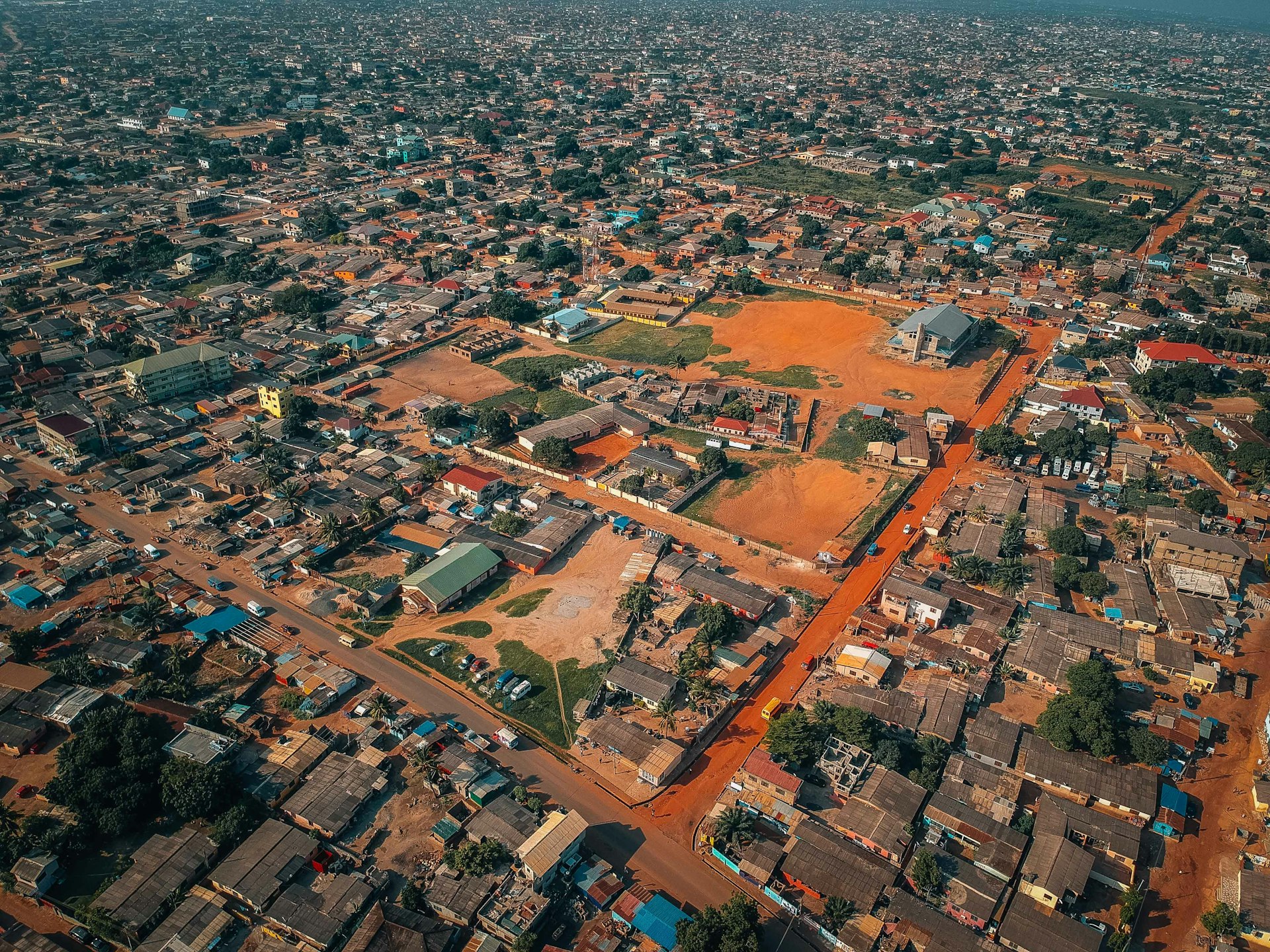 Panoramic drone view of the sprawling cityscape of Accra, Ghana