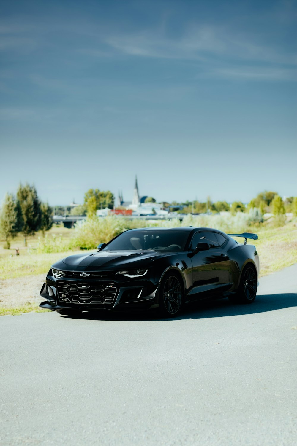 black Ford Mustang coupe on road