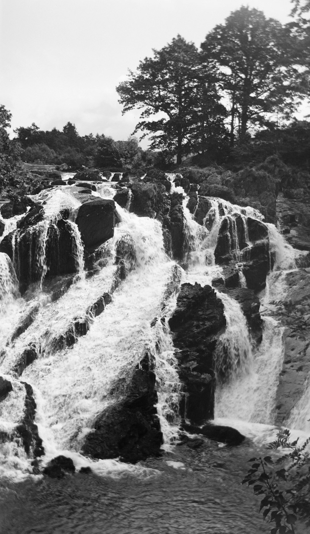 grayscale photo of waterfalls