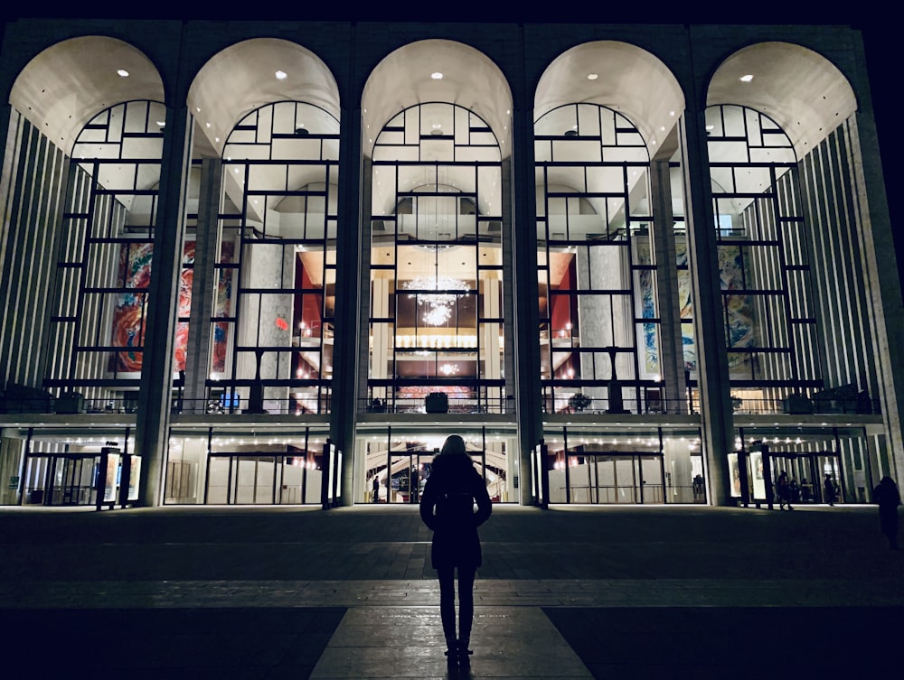 silhouette of woman standing front of building during night time