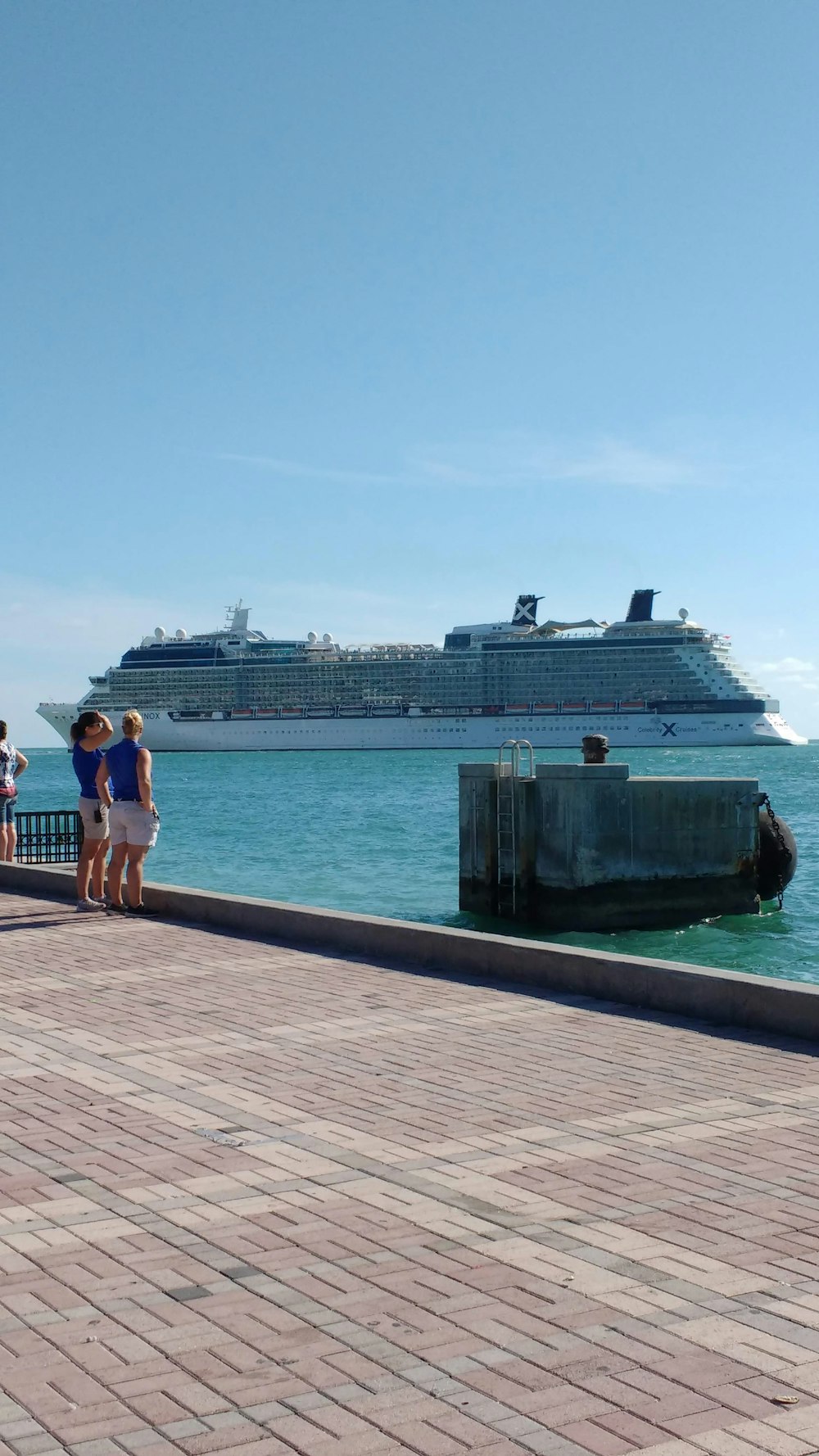 2 person standing across white cruise ship on body of water