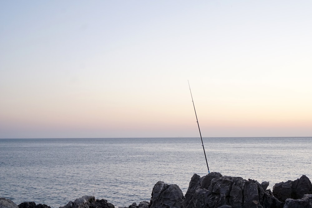 a fishing rod on a rock near the ocean