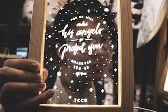 A hand is holding a framed piece of glass with white lettering that reads 'For he will order his angels to protect you wherever you go.' The reflection of a person wearing glasses is visible on the glass, surrounded by decorative stars and crosses.
