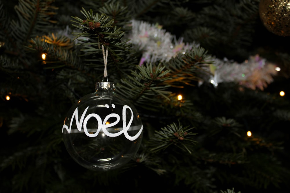 a glass ornament hanging from a christmas tree