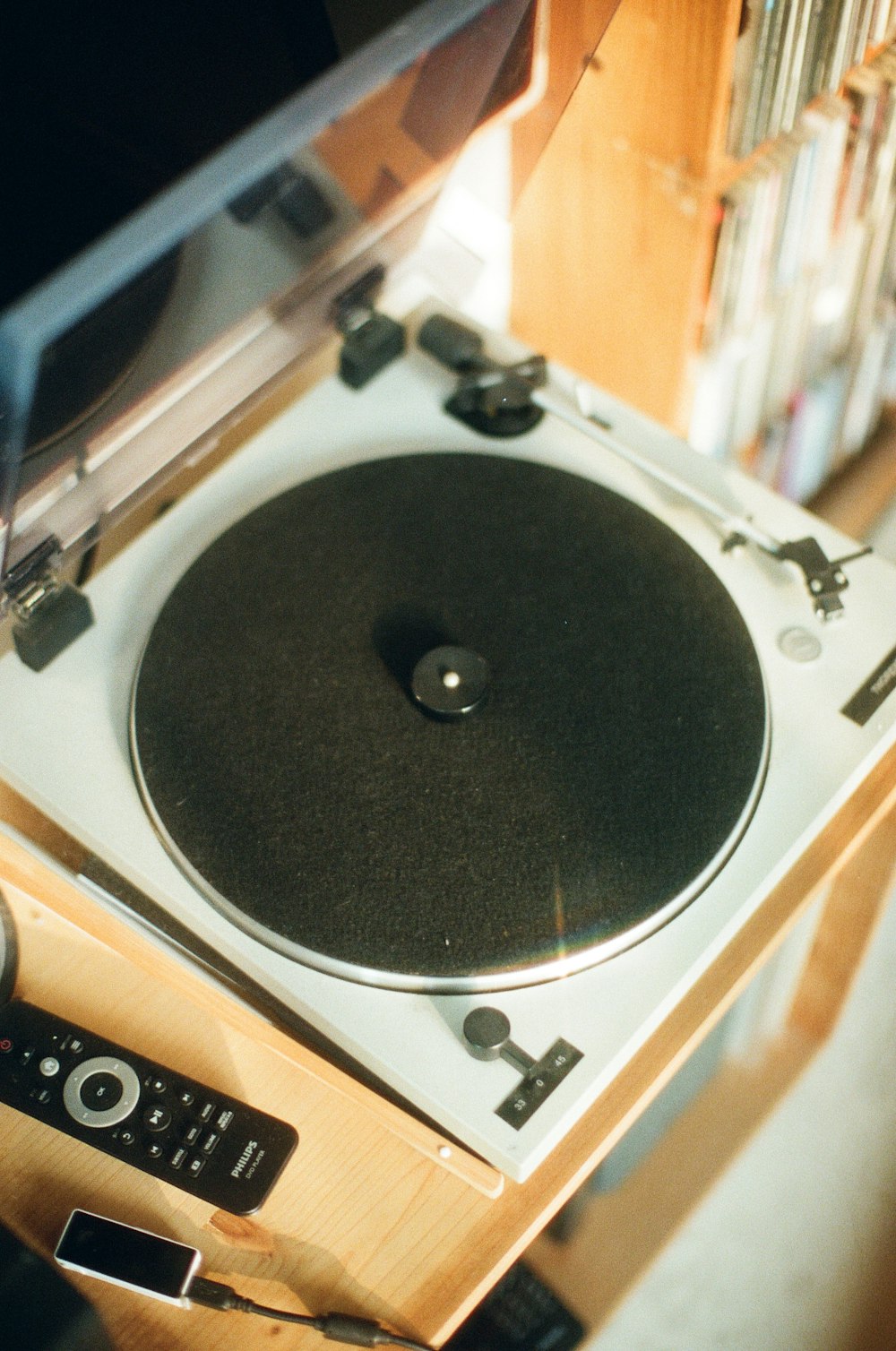 black and silver vinyl player