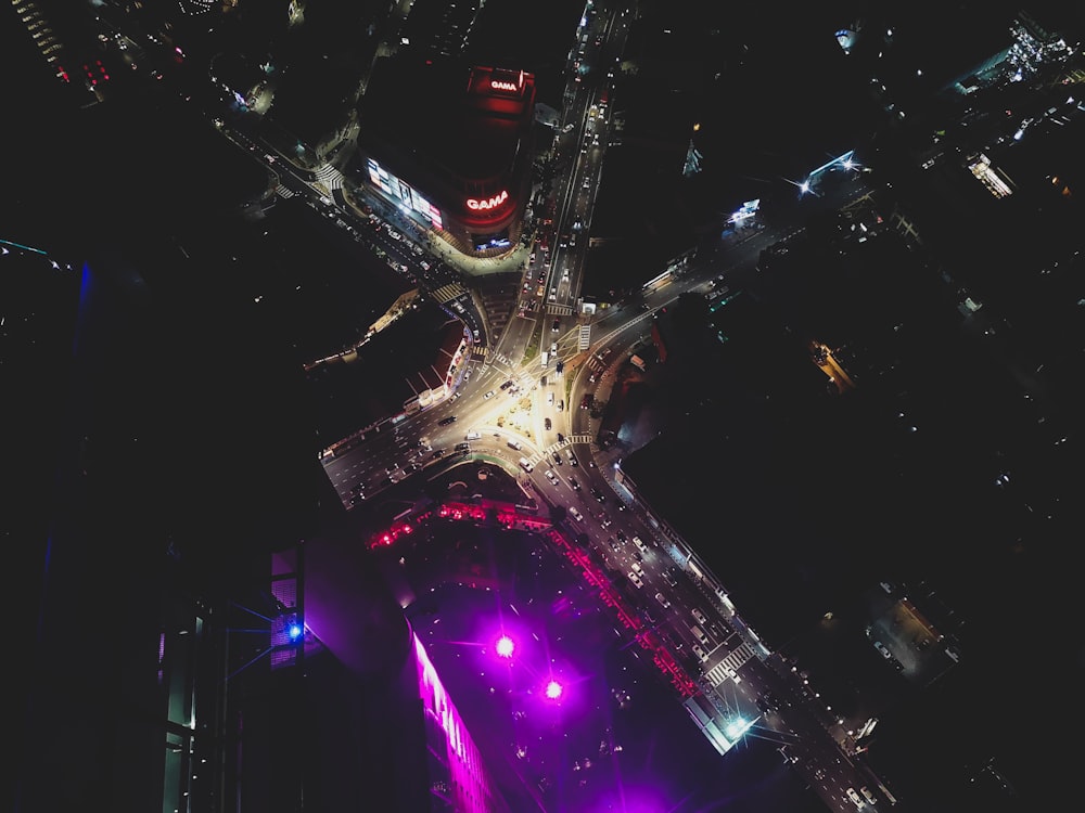 an aerial view of a city at night