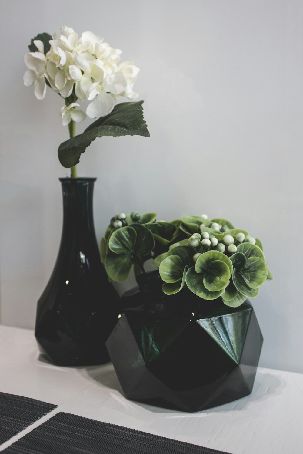 green leaf plants on green pot near white hydrangea flowers on green ceramic vase