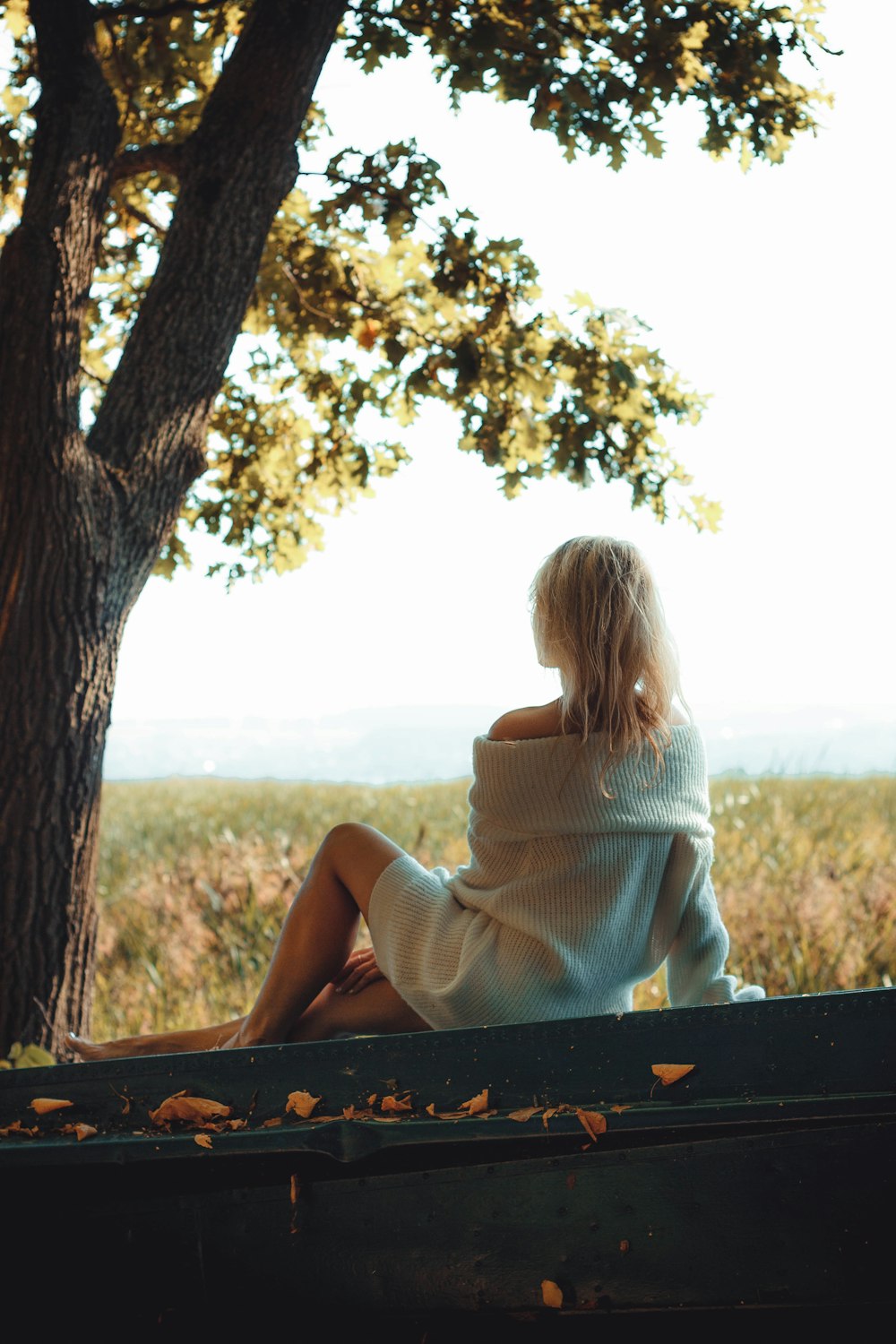 woman wearing white sweater sitting on pavement near green leaf tree