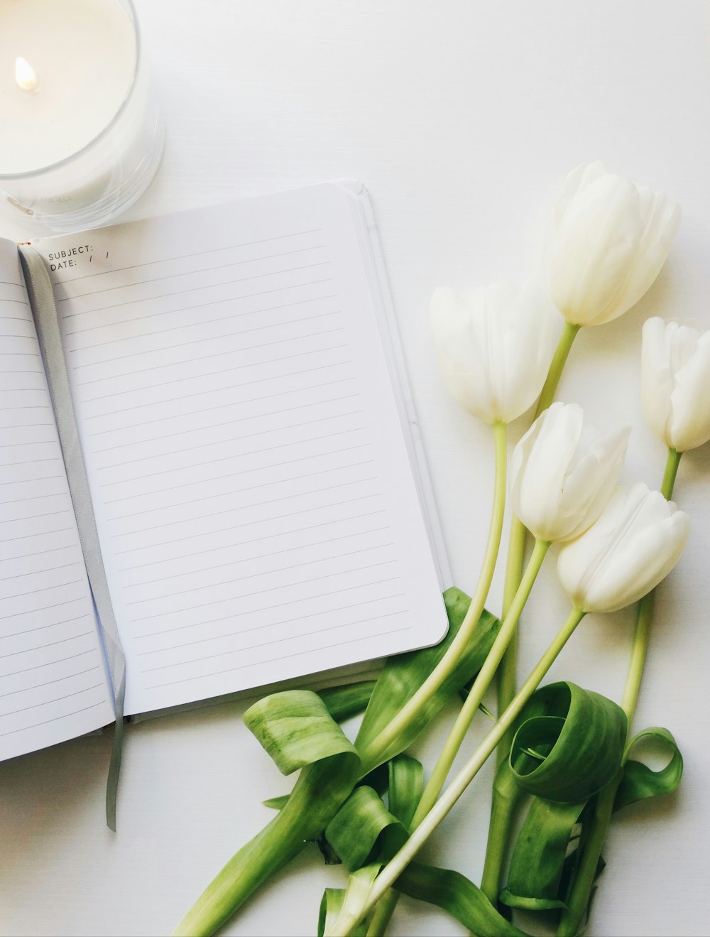 white flowers beside ruled paper sheet