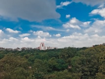 A city skyline with multiple buildings rises behind a dense expanse of green trees and vegetation. The sky above is partly cloudy, featuring a mix of fluffy white clouds and patches of bright blue.