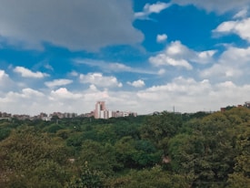 A city skyline with multiple buildings rises behind a dense expanse of green trees and vegetation. The sky above is partly cloudy, featuring a mix of fluffy white clouds and patches of bright blue.