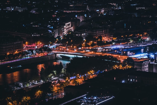 lighted buildings at night