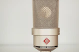 Close-up of vintage Neumann microphones on wooden stands bathed in natural light.