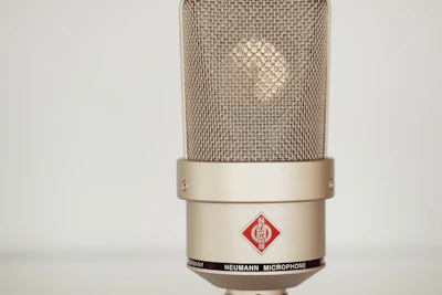 Close-up of vintage Neumann microphones on wooden stands bathed in natural light.