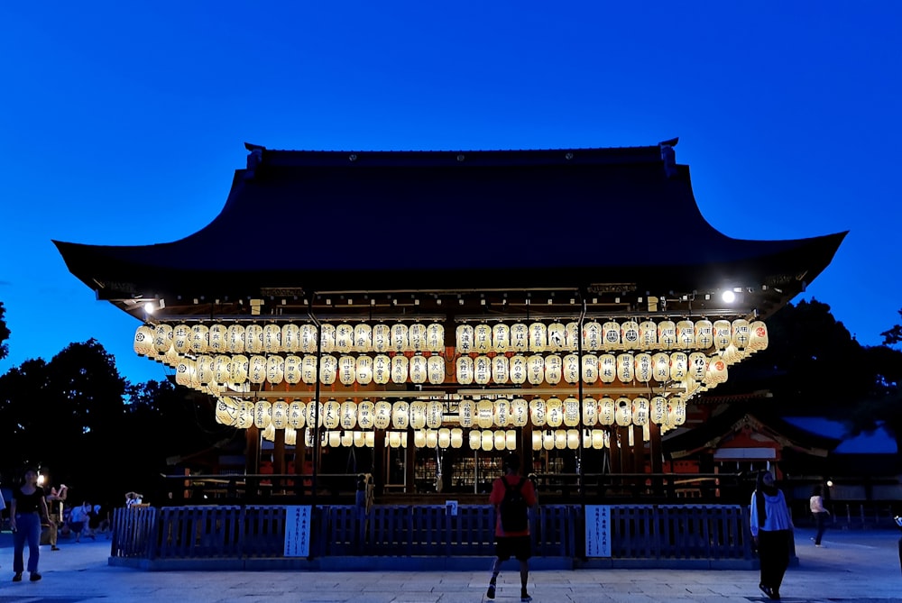 people walking outside temple