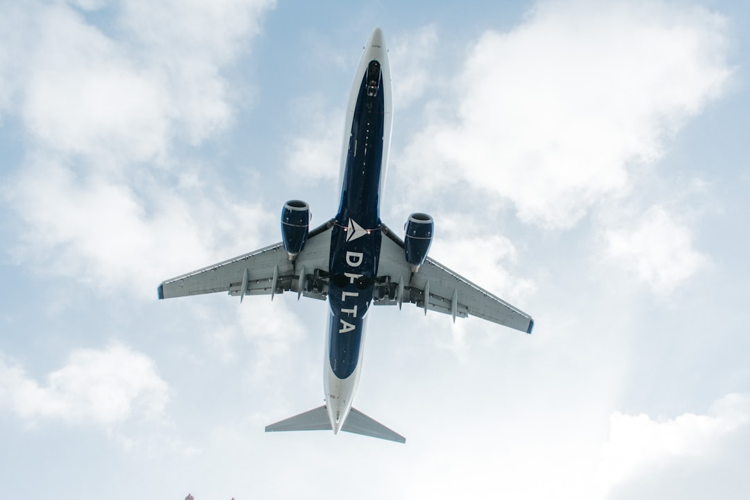 flying gray and black Delta airplane,