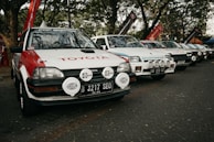 A row of vintage rally cars is parked under trees, each fitted with multiple front headlights and sporting different decals and designs. The foreground car has Toyota branding and is predominantly white with red accents. The scene conveys a sense of nostalgia and motorsport enthusiasm.