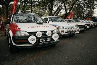 A row of vintage rally cars is parked under trees, each fitted with multiple front headlights and sporting different decals and designs. The foreground car has Toyota branding and is predominantly white with red accents. The scene conveys a sense of nostalgia and motorsport enthusiasm.
