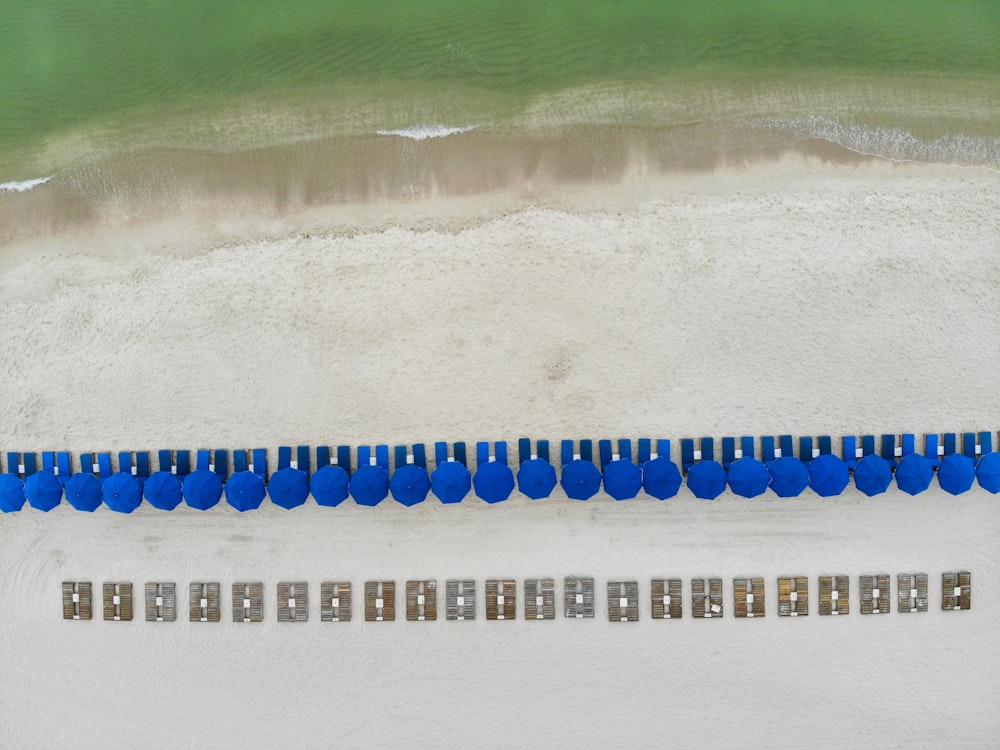 blue parasols near beach