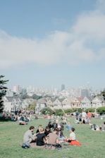 A friendly group of Detroiters enjoying a sunny day at a Dallas park, chatting and sharing stories.