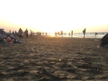 Families gathered on a serene beach at sunset, engaged in a guided ocean conservation activity.