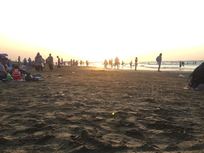 Families gathered on a serene beach at sunset, engaged in a guided ocean conservation activity.