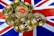 Several gold-colored Bitcoin coins with the Bitcoin symbol are scattered over a vibrant British flag, creating a contrast between the digital currency and national symbol.