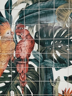 A vibrant 3D nature mural printed on a living room wall, showcasing detailed leaves and flowers with a textured finish.