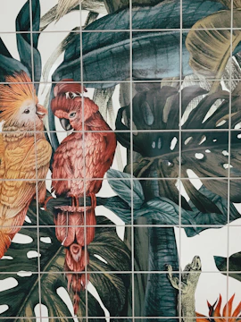 A vibrant coloring book page featuring tropical Caribbean scenes with palm trees and colorful birds.