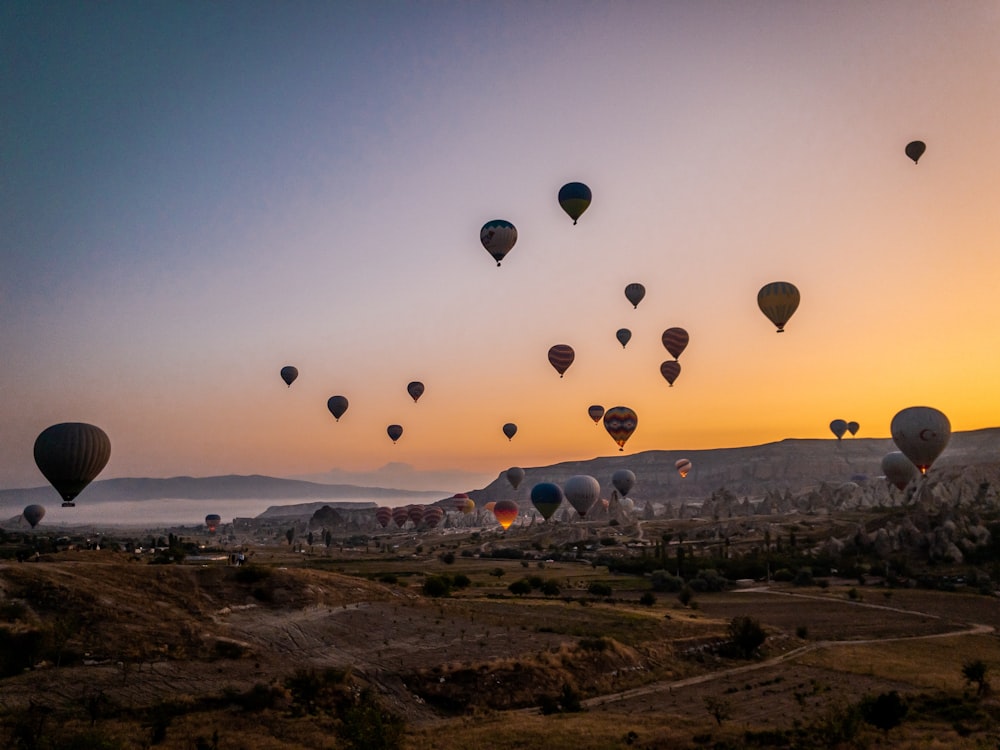 floating hot air balloons during golden hour