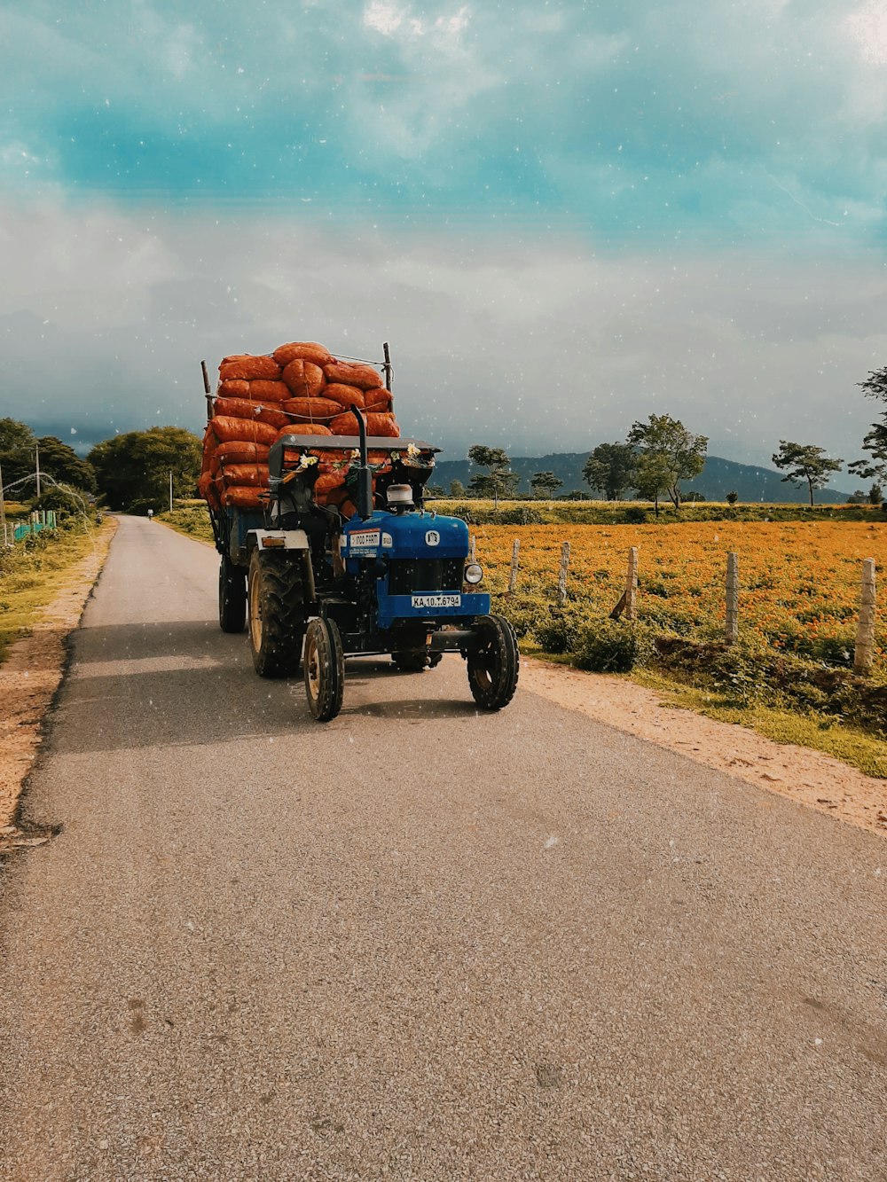 blue tractor carrying sacks