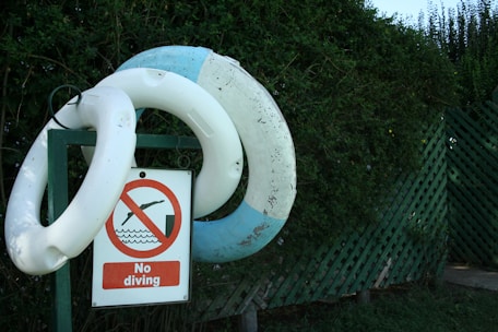 Two life rings are mounted on a green metal post next to a 'No diving' sign with a red circle and line over a diving figure. The background features lush green bushes and a green lattice fence.
