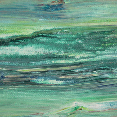 An intuitive abstract painting with soothing blue and green hues on paper