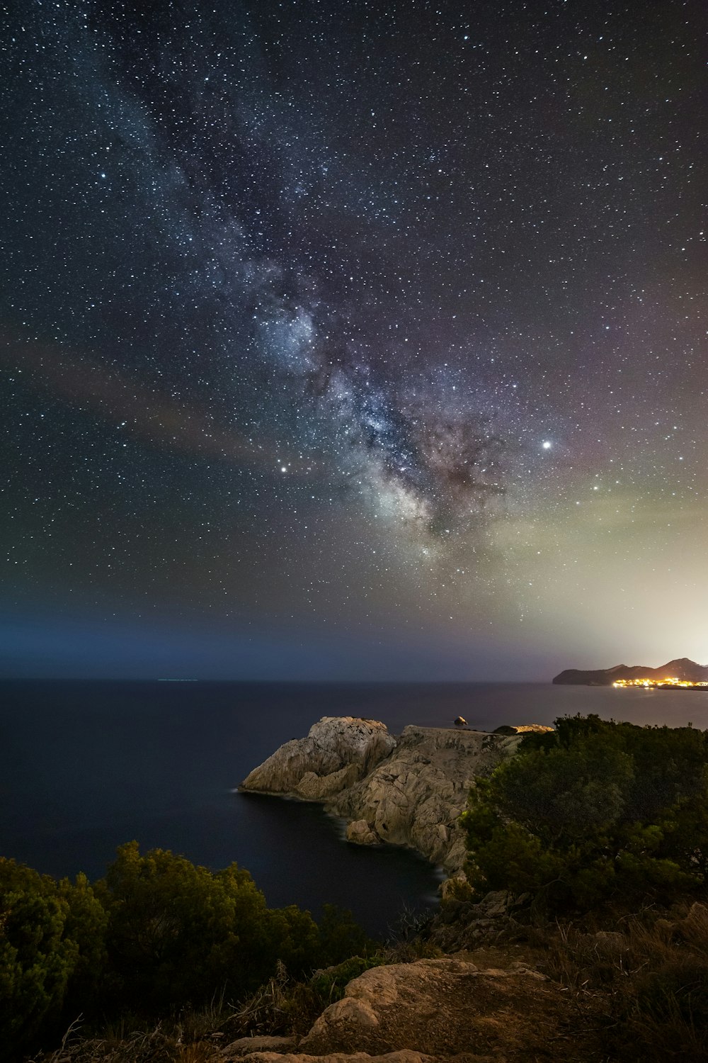 rocky shore during night