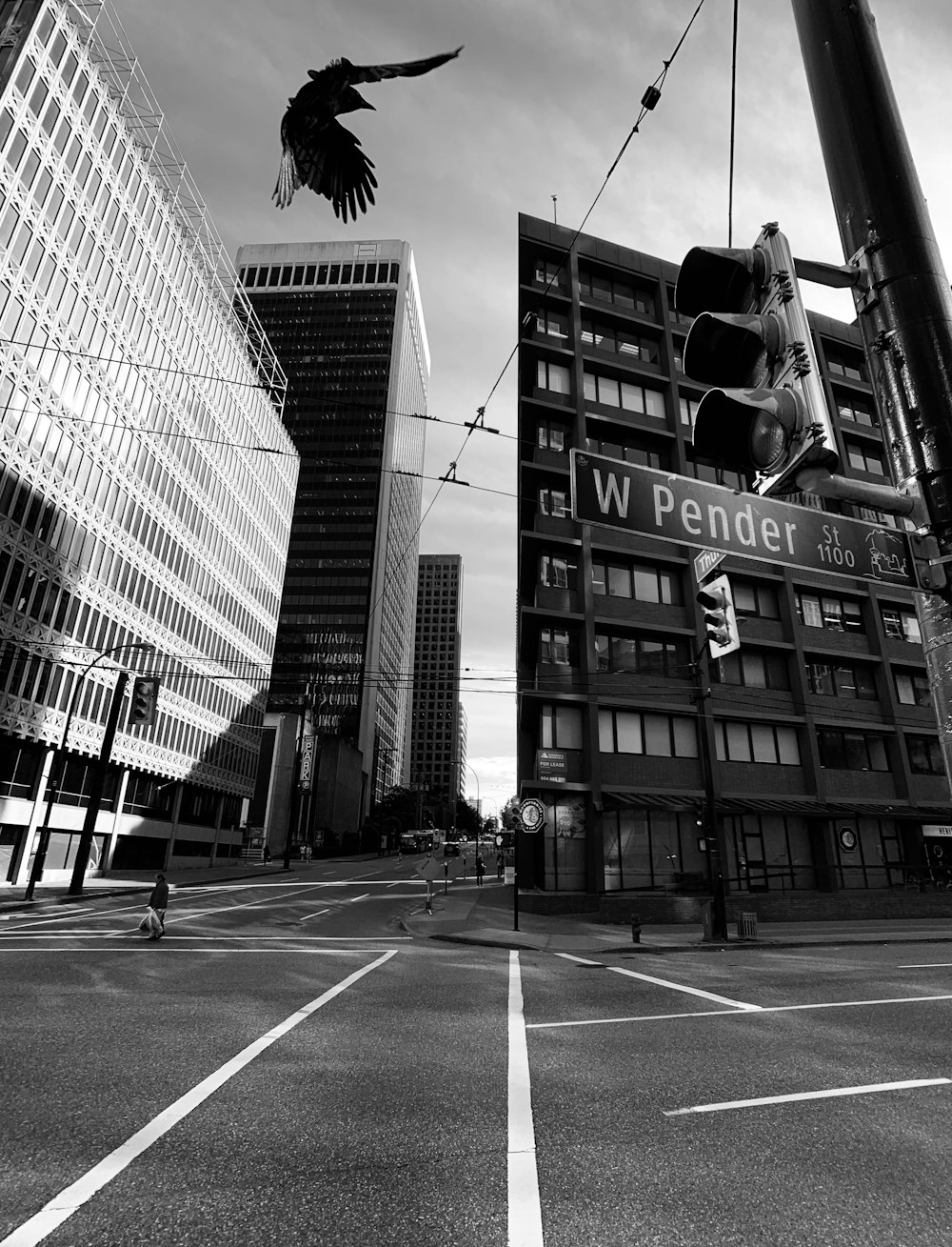 grayscale photography of W Pender building