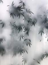 Frosted glass panel with outlines of bamboo leaves visible, creating an abstract and tranquil appearance.